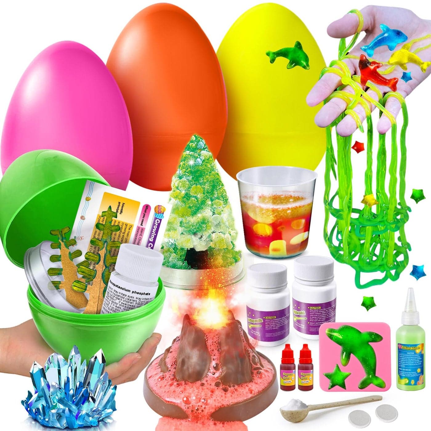 Kacwsoay 4 Jumbo Easter Basket Stuffer Surprise Eggs Science Experiments for Kids Easter Toys Gift Idea for Boys and Girls Educational Party Favor STEM Activities Volcano Crystal Tree