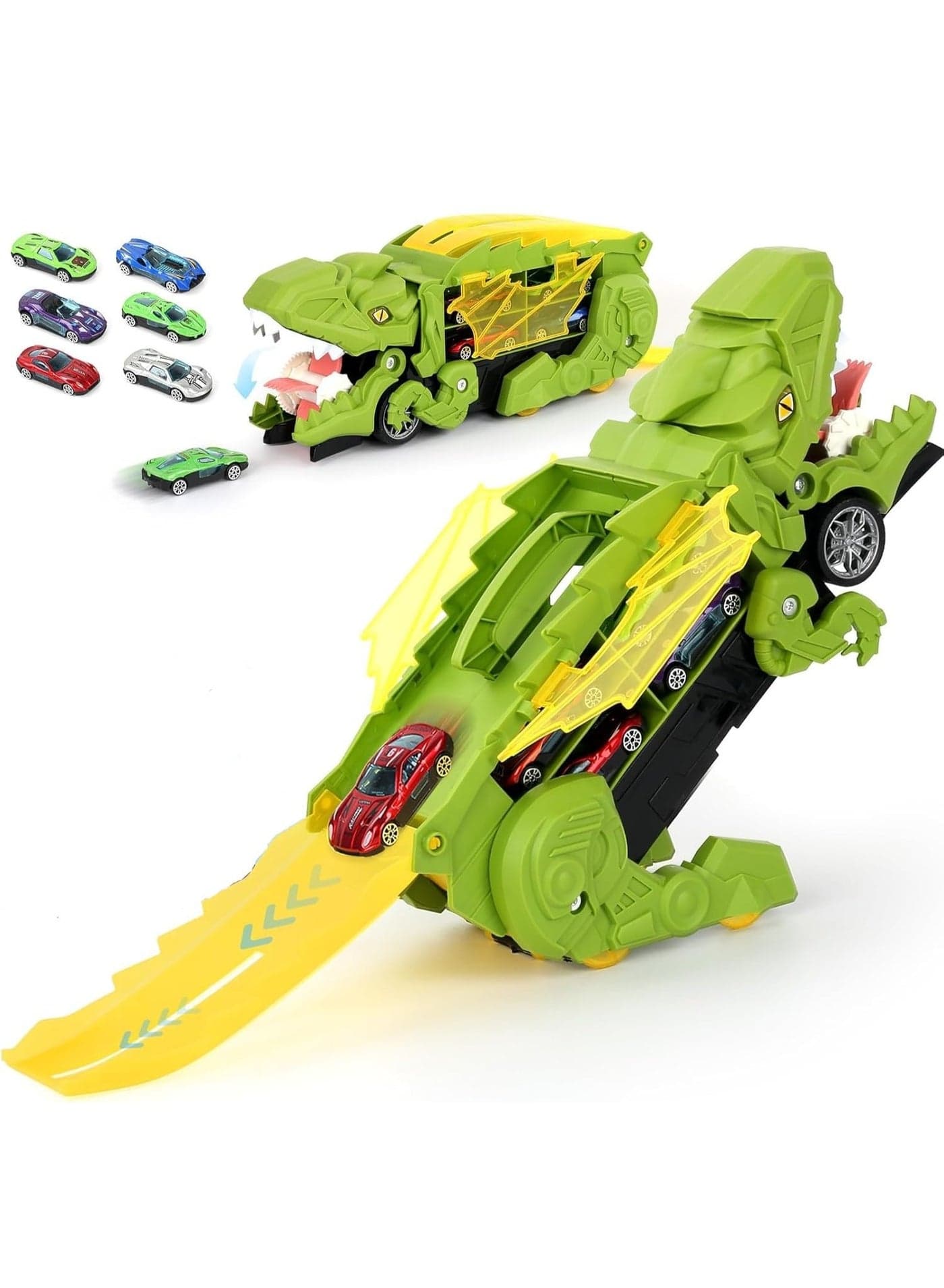 Dinosaur Toys Truck Set Dinosaur Transforming Car Race Tracks Set With 6 Pcs Cars for Kids Toys Dinosaur Car Track for Kids Age 3 4 5 6 7 8 Year Old
