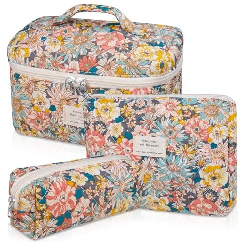 Gosect Makeup Bag Set Quilted Makeup Bag Large Floral Cosmetic Bag for Women Cute Cotton Makeup Bags Flower Travel Toiletry Organizer Bag South Twigs Flower