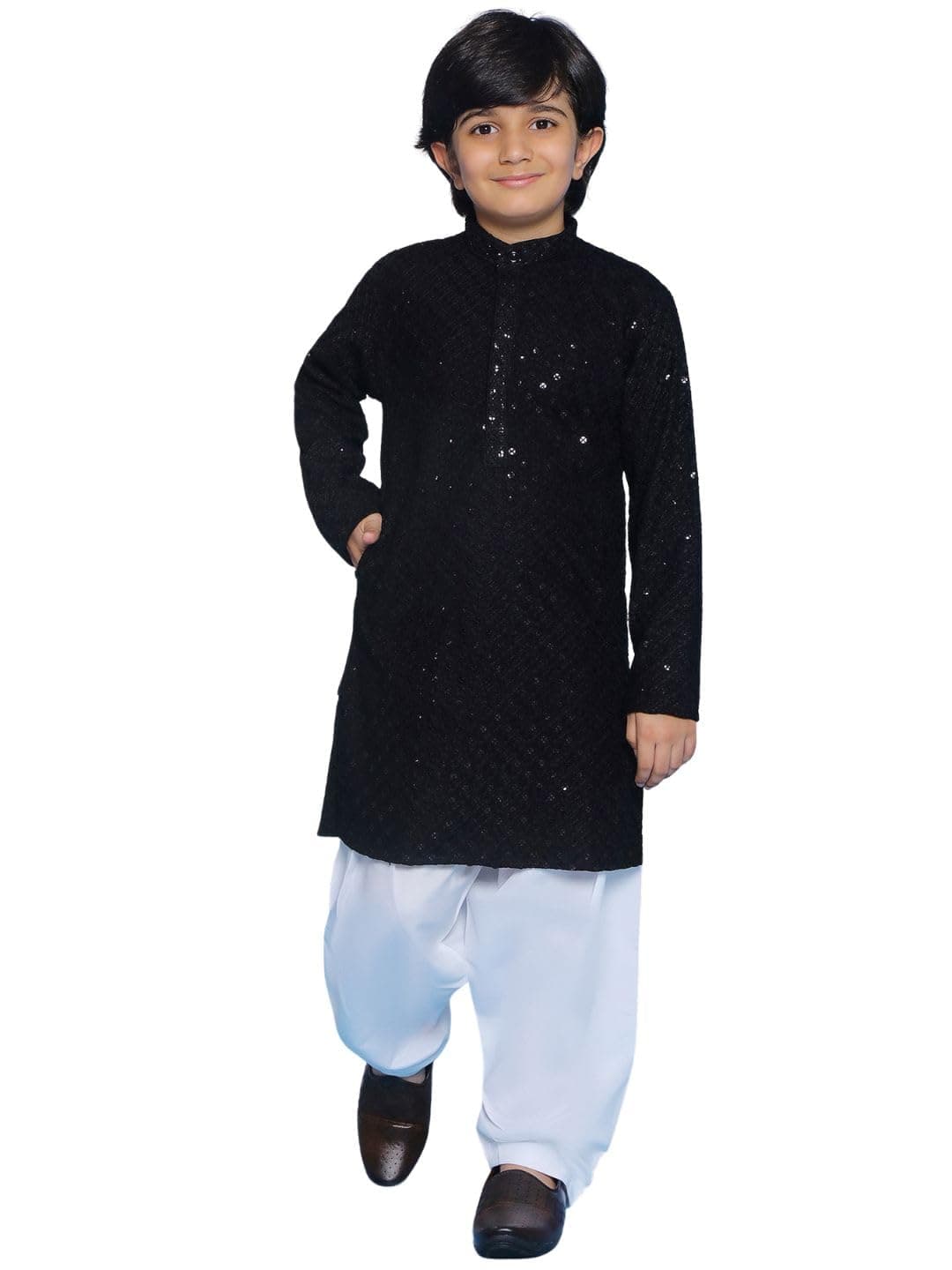 AJ DEZINES Boys Ethnic Kurta Pajama Set | Cotton Full Sleeve Chikankari Kurta with Sequins | Traditional & Festive Outfit | Mandarin Collar, Regular Fit | Special Occasion Outfit for Kids | BLACK-7