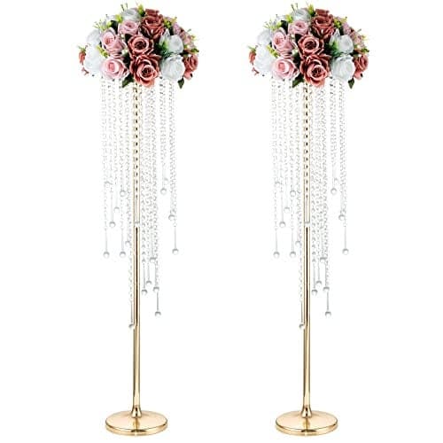 NUPTIO Wedding Centerpieces Gold Vases: 2 Pcs 39.4in Tall Crystal Flower Vase Metal Flowers Stand for Party Tables Decorations - Elegant Bulk Weddings Decoration Table Chandelier Centerpiece Stands