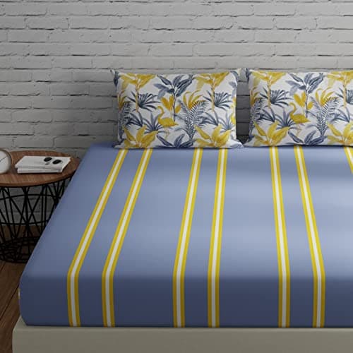 HUESLAND by Ahmedabad Cotton 144 TC Cotton Bed Sheet Double Bed Pure Cotton with 2 Pillow Covers | Stripes & Flamingos Grey & Yellow
