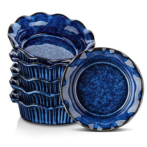 vancasso Mini Pie Pans Set of 6, 5.2 Inch Ceramic Deep Dish Pie Plates with Ruffled Edge for Baking, Microwave & Oven Safe, Blue