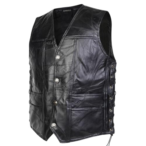 XINMALL Motorcycle Genuine Leather Biker Vest for Men Club Style Classic Black (Medium)