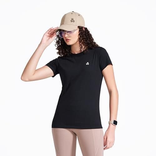 Campus Women Cotton Blend Round Neck T-Shirt Black