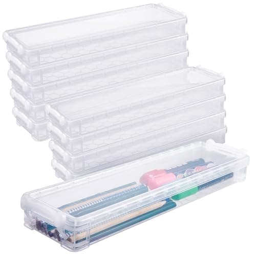 Suclain 10 Pcs Long Extra Large Capacity Plastic Pencil Box Clear Plastic Case Crayon Box with Snap Tight Lid Pencil Holders Container for Craft Art Supplies Drawing Tools Crayon Storage