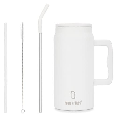 House of Quirk 1500ML Stainless Steel Mug Tumbler with Handle & Straw Lid – Large Water Bottle for Men & Women (White)