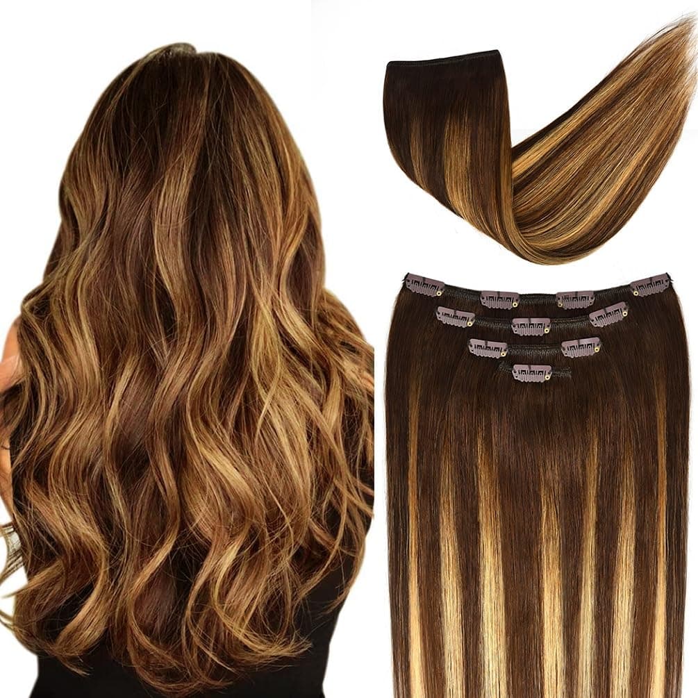 16 Hair Extensions Clip in Balayage Human Hair for Women Silky Straight Chocolate Brown to Honey Blonde Highlight Brown 4T27 P4 Color
