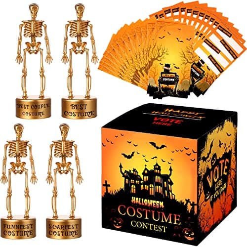 TaoBary 55 Pcs Halloween Best Costume Contest Awards for Adults 4 Skeleton Trophy 50 Voting Cards Ballot Box for Party Supplies Funny Events Games Prize