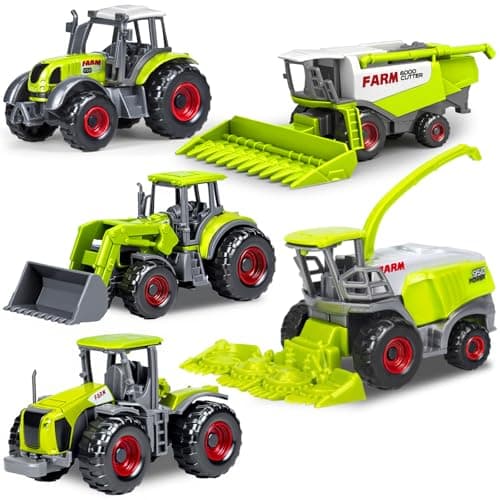 5 Pack Diecast Farm Tractor Toy Toddlers Farm Toys Tractor Vehicles with Combine Harvester Forage Harvest Mini Farming Truck Toys for Kids Boys Ages 3 4 5 6 7 Birthday Gifts Easter Basket Stuffers