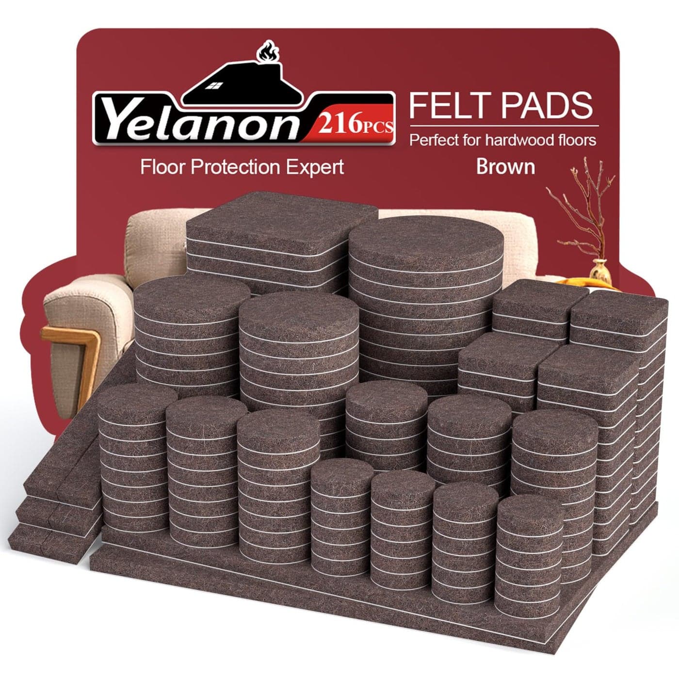 Yelanon Felt Furniture Pads for Hardwood Floors 216 Pcs Premium Felt Pads for Chair Legs Floor Protectors for Furniture Brown