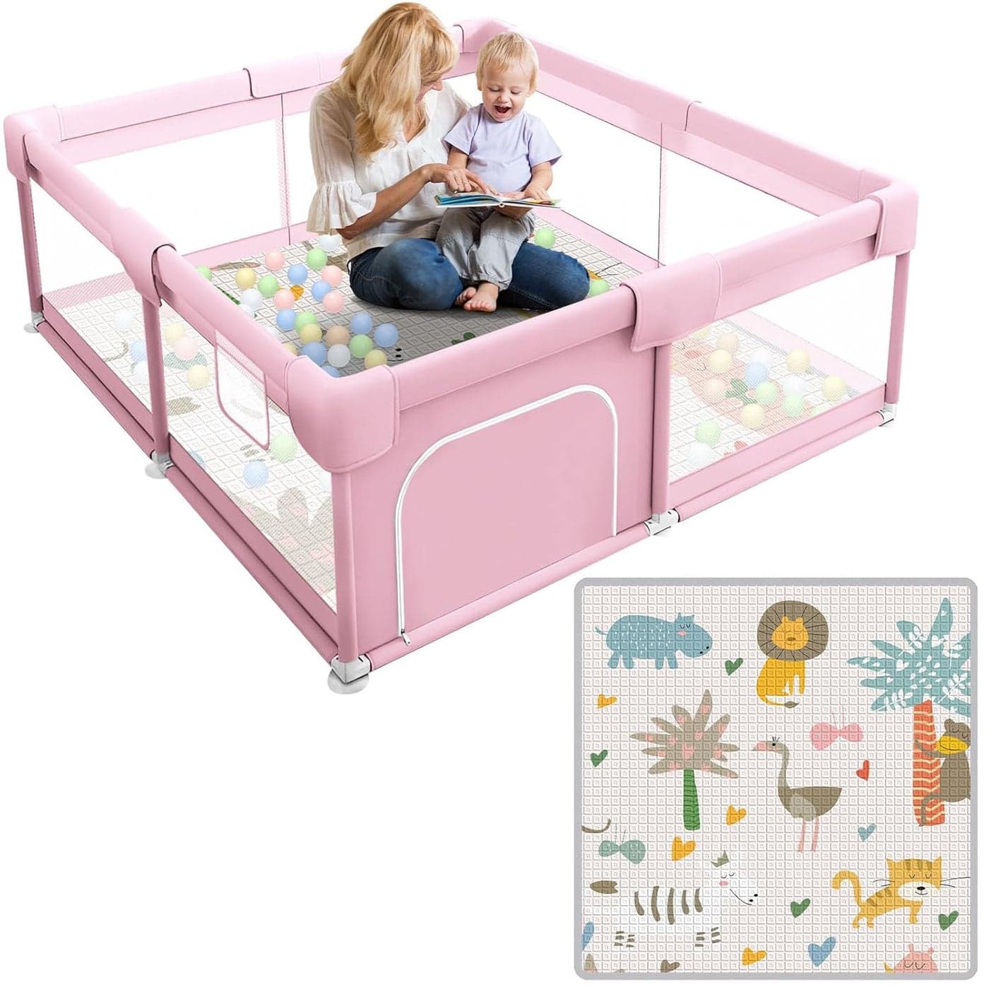 Baby Playpen for Babies and Toddlers with Mat Baby Fence Play Yards for Indoor Outdoor with Breathable Mesh AntiFall Pink