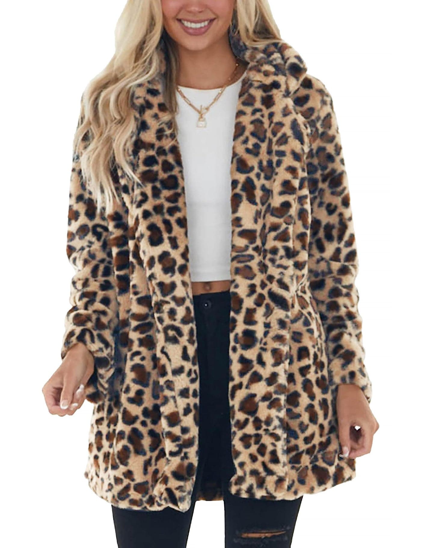 Omoone Womens Faux Fur Jackets Autumn Winter Leopard Coats Loose Fur Coat with Pockets3361BeigeBrownXL