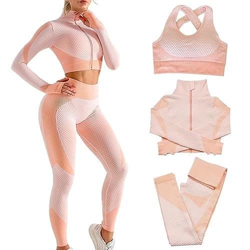 SINBRLAI Women's 3pcs Seamless Workout Outfits Sets, Yoga Sportswear Tracksuit Leggings and Stretch Sports Bra Fitness