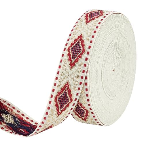 FINGERINSPIRE 10 Yards Jacquard Ribbon Trims 78 inch Wide FireBrick Color Boho Embroidered Woven Ribbon Polyester Rhombus Woven Fabric Bias Tape for DIY Clothing Bag Sewing Crafts Home Decoration