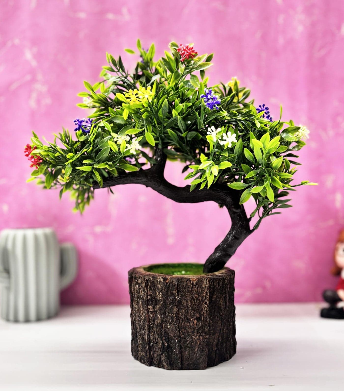Dekorly Small Artificial Bonsai Tree Fake Plant Potted House Plants Japanese Pine Bonsai Plant Faux Bonsai for Home Indoor Decoration Office (Wooden Potted Plants, Design-G)