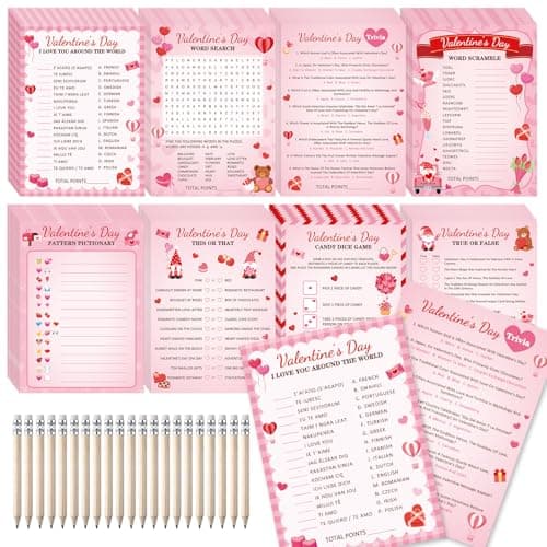 gisgfim 231Pcs Valentines Day Party Games Cards Valentines Trivia Word Search Scramble Maze Pictionary Games with Answer Key Sweet Party Supplies for Valentine Gifts Family Group Activities Favors