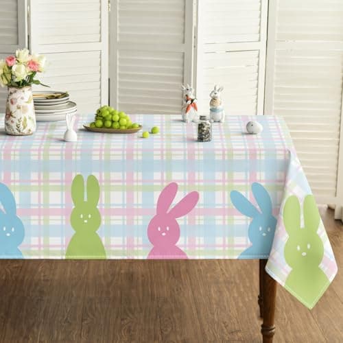 Horaldaily Easter Tablecloth 60x84 Inch, Spring Bunny Happy Easter Table Cover for Party Picnic Dinner Decor