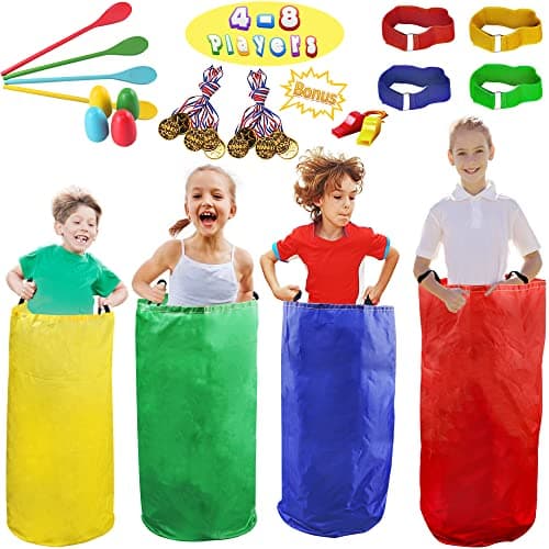28PCS Potato Sack Race Bags Egg and Spoon RaceCarnival Games 3Legged Relay Race Bands Outdoor Games for Kids and Adults with Game Prizes Whistles Outside Yard Lawn Birthday Party Games