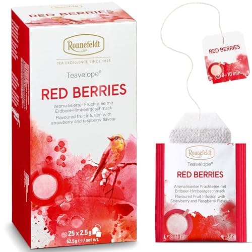 Ronnefeldt Teavelope Red Berries – Hibiscus Rosehip Fruit Tea with Raspberry & Strawberry Flavor – 25 Berry Herbal Tea Bags – Caffeine Free & Individually Wrapped