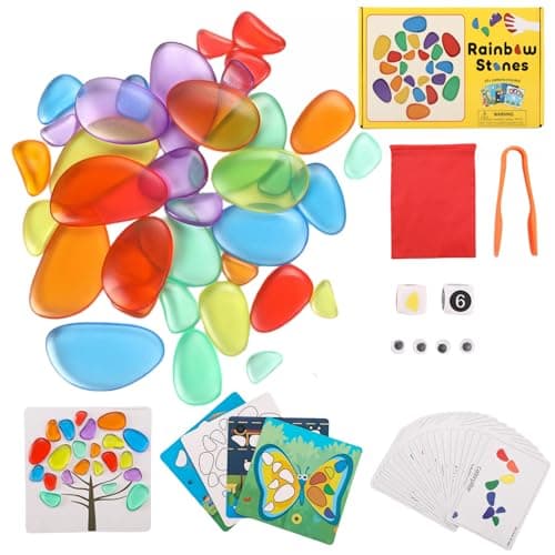 Odoorgames 36 Pcs Translucent Pebbles Rainbow StonesLight Table Manipulatives PreschoolLight Table Accessories Includes 24 Activity Cards