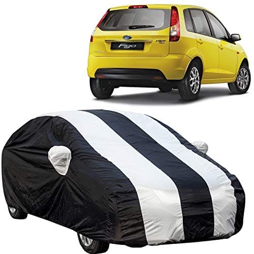 The Autostory 190 Taffeta Water Resistant Car Body Cover Compatible with Ford Figo Old (2008 to 2014) with Mirror Pockets (White/Navy Blue)