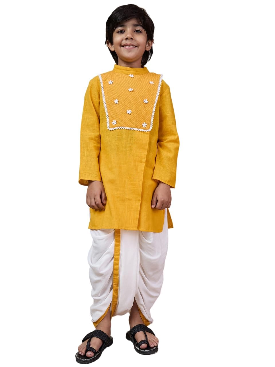 Pspeaches Boys Mandarin Collar Floral Yoke Design Regular Thread Work Kurta with Dhoti Pants (10-12Years)