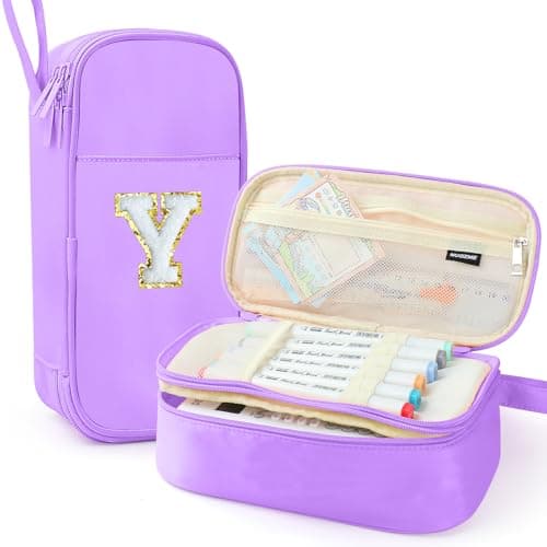 Nuozme Large Pencil Case,Big Capacity Pencil Pouch,Personalized Initial Pencil Bag with smooth zipper,Multiple Pockets,Cute Aesthetic Stationery Pen Case Bag for Teen Girls College (Purple, Y)