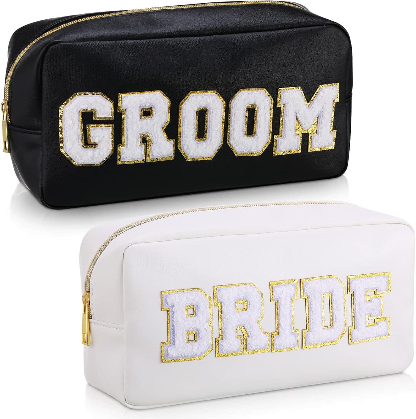 Oudain 2 Pcs Bride and Groom Makeup Bag Letter Patch Cosmetic Travel Toiletry Bag Women PU Leather White Portable Bride Purse Wedding Pouch for Bridal Shower Gift Bachelorette Party Favor