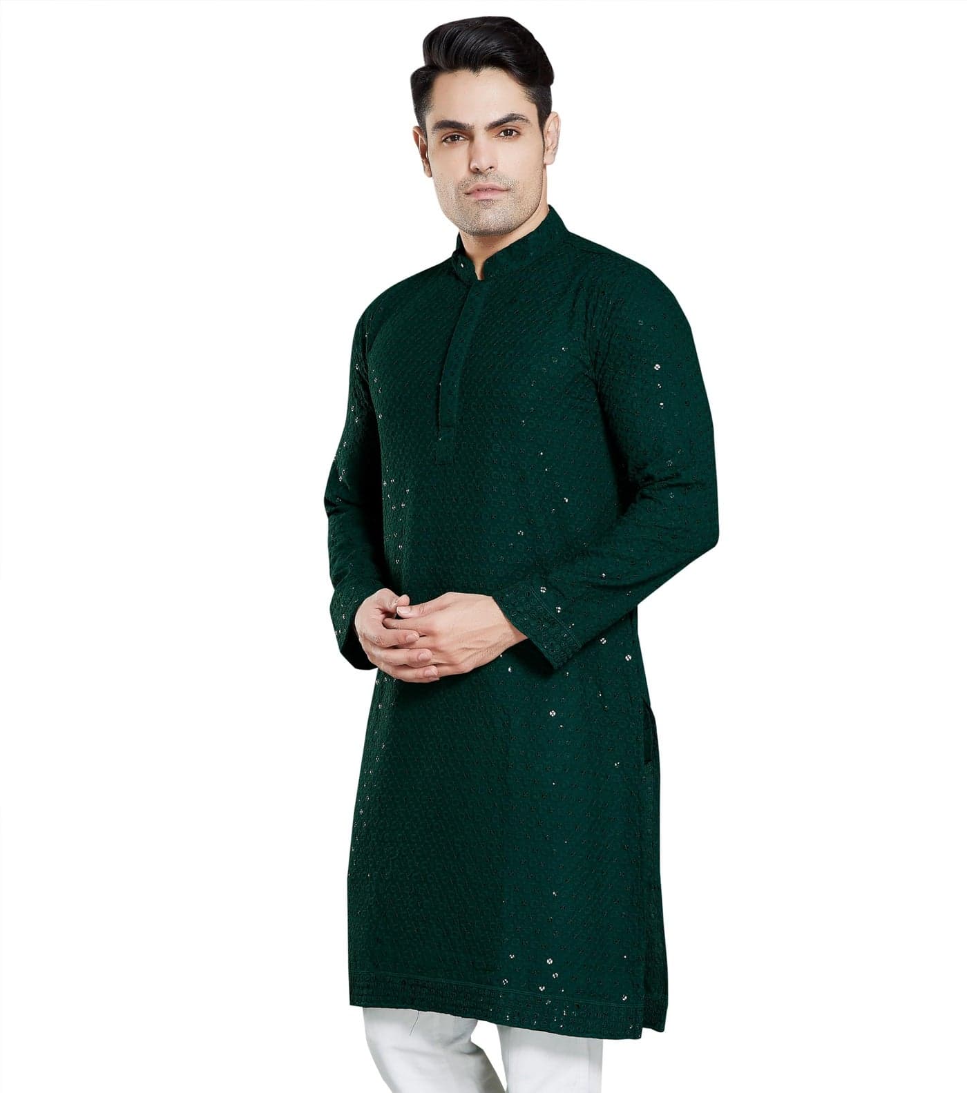 DIVISIVE Men's Sequince Embroidered Cotton Blend Only Slim Fit Kurta (DKRT18_XXL_Bottle Green)