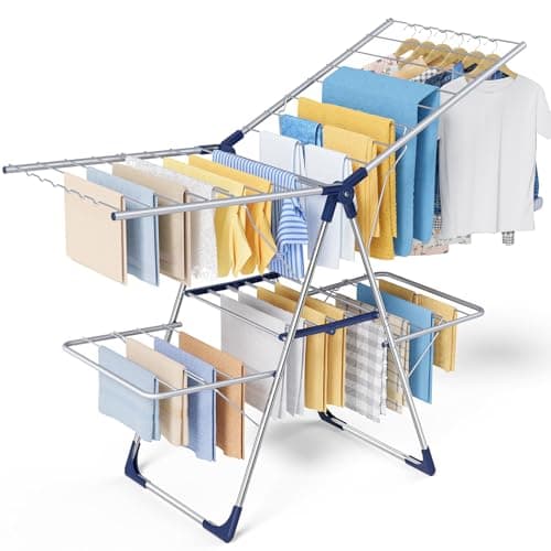 Sakugi Clothes Drying Rack, Foldable 2-Level Laundry Drying Rack with Height-Adjustable Wings, for Clothing & Bedding, Free-Standing Space-Saving Rack, Indoor & Outdoor, 55.5"L × 22.8"W, Silver Blue