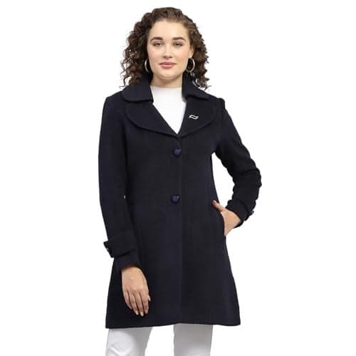 Monte Carlo Womens Self Design Navy Blue Notched Lapel Full Sleeve Coat