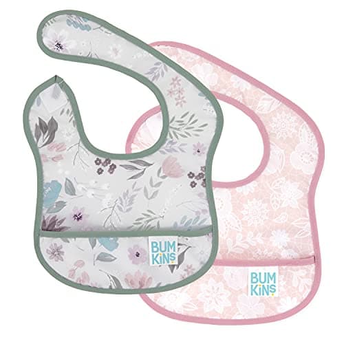 Bumkins Bibs, for Baby Girl or Boy, Infant 3-9 Months, Essential Must Have for Eating, Feeding, Baby Led Weaning, Mess Saving Waterproof Soft Fabric, Starter Bib 2-pk Floral and Lace Gray and Pink