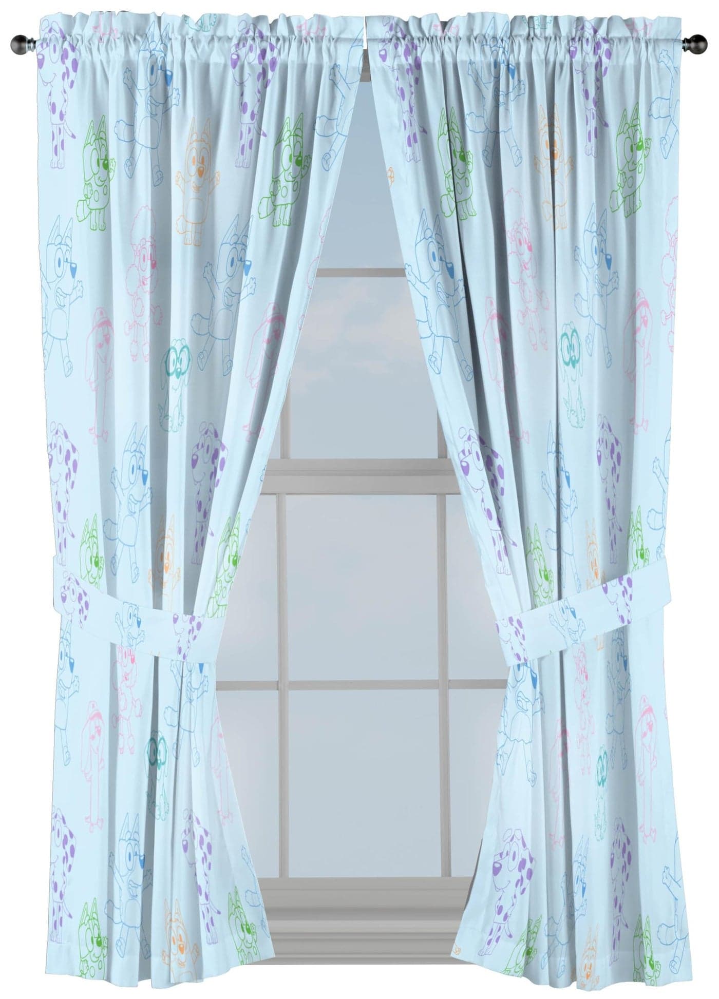Jay Franco Window Curtains for Kids Bedroom 4-Piece Drape Set with 2 Tiebacks, Blue - Bluey, 42" W x 63" L (Pack of 2)