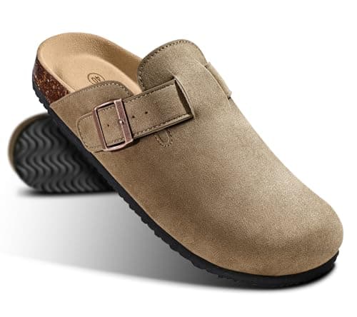 KEMISANT Men Clogs-Comfortable Suede Mules Slippers Sandals Nurse Potato Shoes Unisex-Cushioned Cork-Footbed(Camel-5 Women/3 Men)