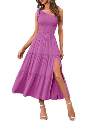 MEROKEETY Womens Summer One Shoulder Sleeveless Knot Smocked Midi Dress Split Tiered Flowy Dresses Plum S