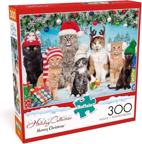 Buffalo Games Meowy Christmas 300 Piece Holiday Jigsaw Puzzle Colorful Festive Puzzles for Adults PrecisionCut Pieces Beautiful Winter Artwork