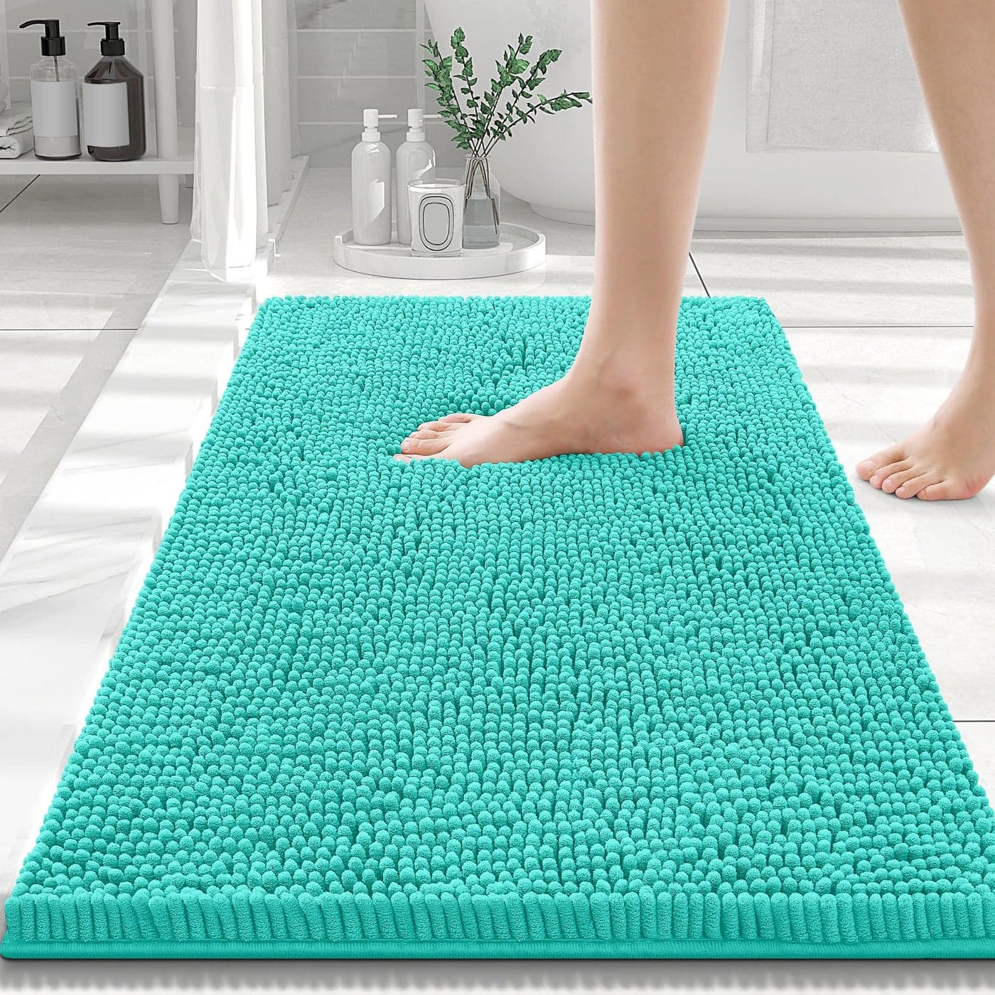 Smiry Luxury Chenille Bathroom Rugs 30x20 Extra Soft and Absorbent Shaggy Bath Mat Machine Washable NonSlip Plush Carpet Runner for Tub Shower and Floor Home Decor Accessories Turquoise