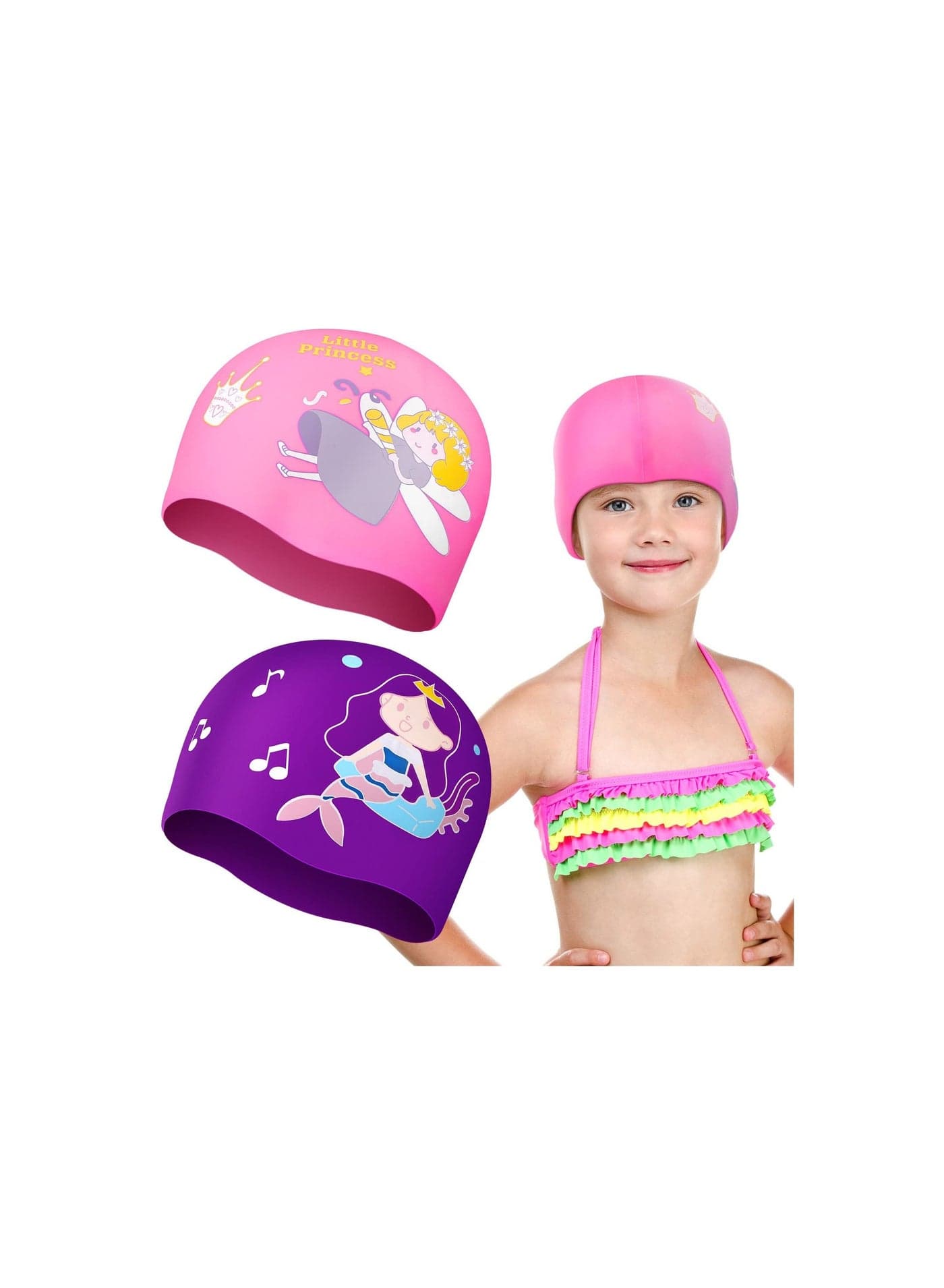 2 Pcs Kids Swimming Cap Silicone Waterproof Swim Comfortable Hat for Long and Short Hair Age 5-14 Children Boys Girls Bathing Accessories