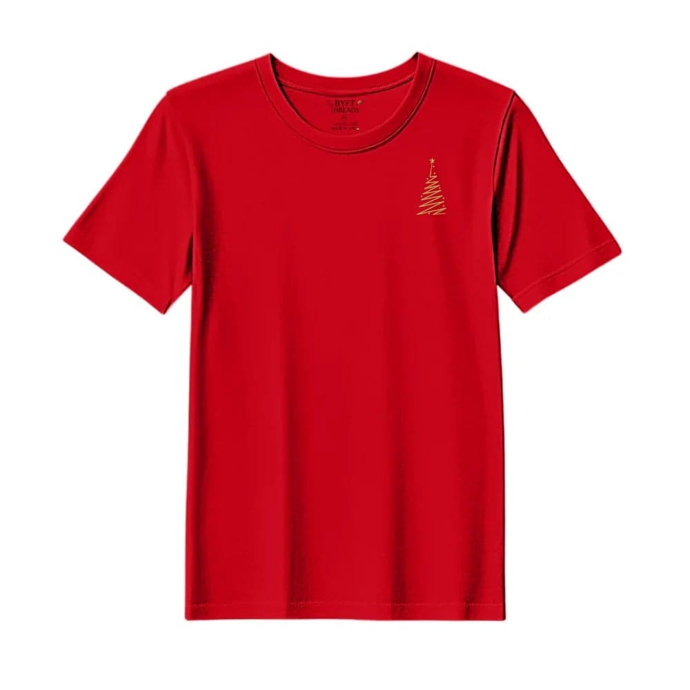 Threads Medium Red Polycotton T-Shirt - Christmas "Zigzag Christmas Tree" Embroidered Design, Premium Holiday Collection