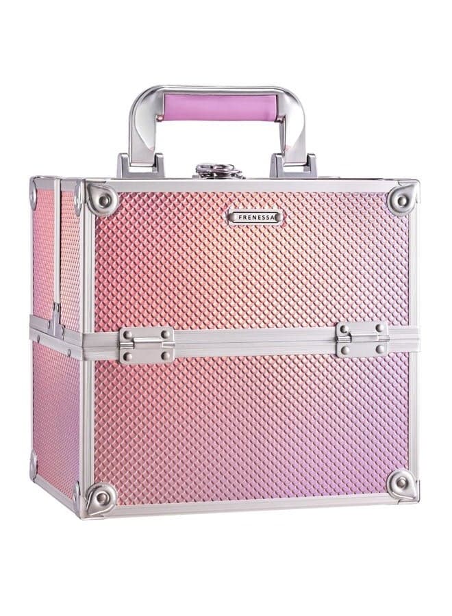 Frenessa Makeup Train Case Beauty Cosmetic Box Professional 4-trays Jewelry Storage Organizer with Lockable Pink lining for Women and Girls - Mermaid Pink