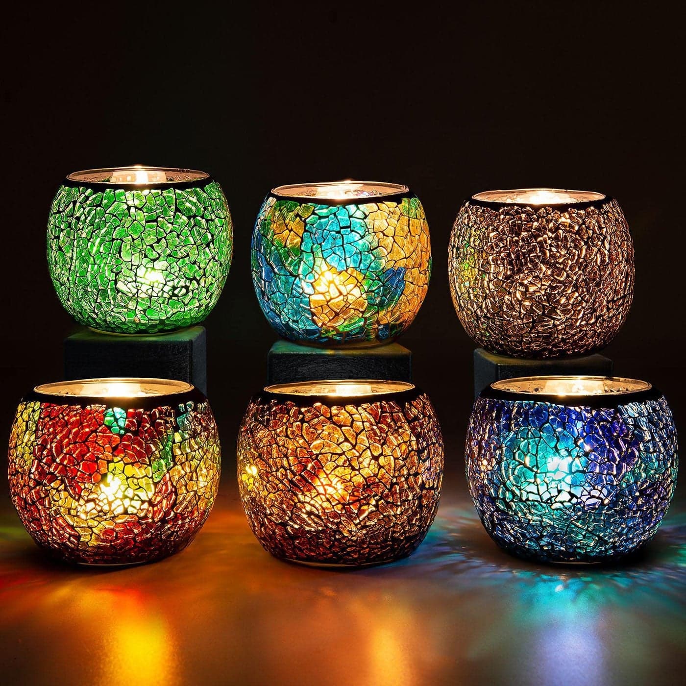 Rancco Glass Votive Candle Holder for Tealight 6 Set Romantic Stained Mosaic Tealight Candle Holders Handmade Cracked Aromatherapy Candle Lamp for Valentine Party Christmas Table Centerpiece Decor