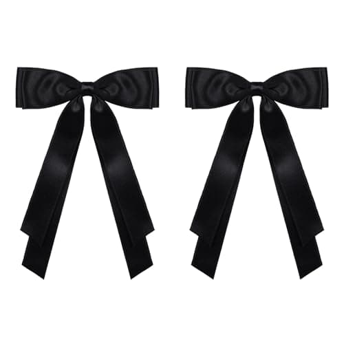 2Pcs Long Tail Silky Satin Hair Bows Hair Clip Black Hair Ribbon Ponytail Holder Decor Accessories Slides Metal Clips Hair Bow for Women Girls Toddlers Teens Kids 55inch
