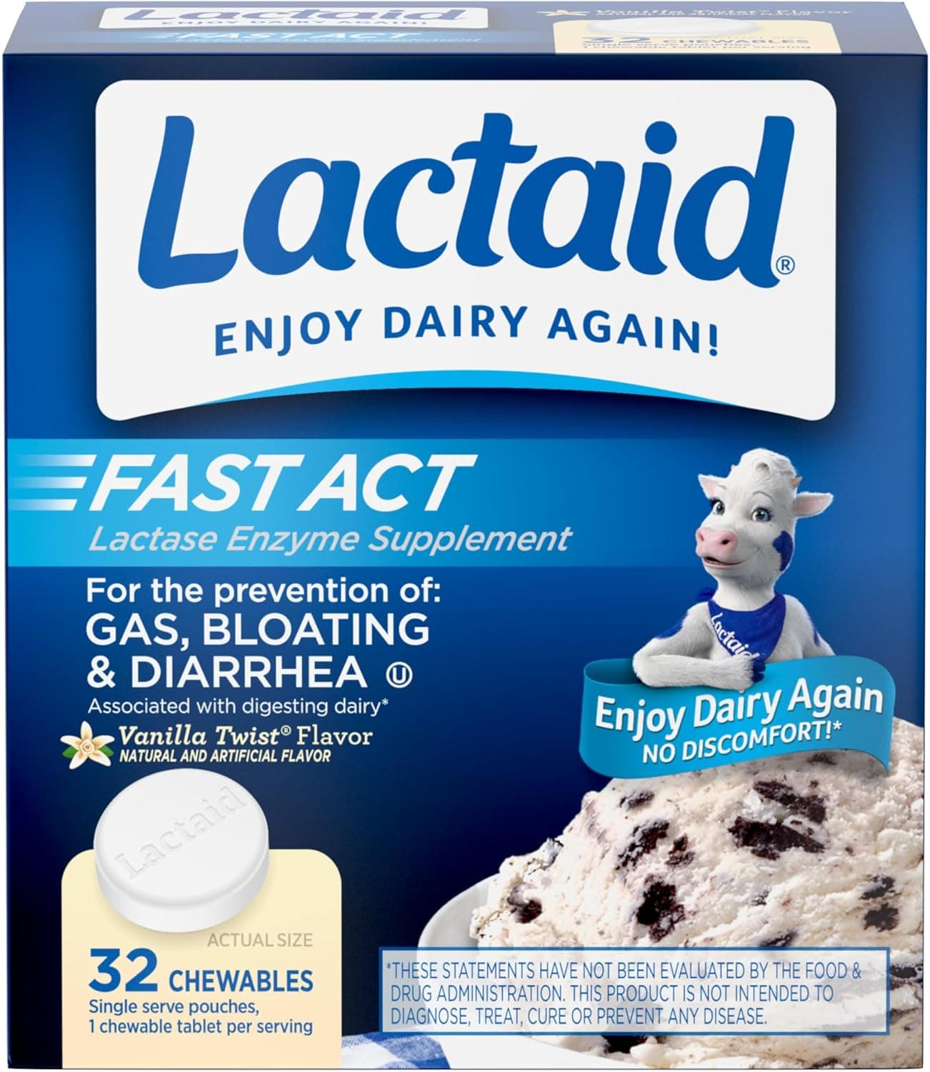 Lactaid Fast Act Lactose Intolerance Relief Chewables with Natural Lactase Enzyme to Prevent Gas, Bloating & Diarrhea Due to Lactose Sensitivity, On-The-Go, Vanilla Twist Flavor, 32 x 1 ct