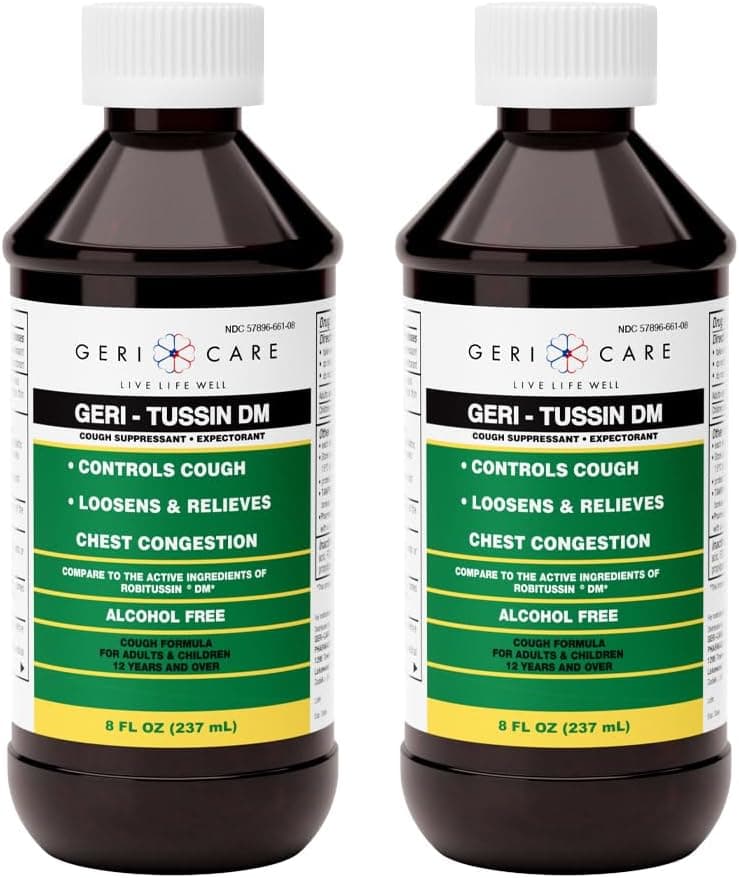 GeriTussin DM Liquid Cold Cough Syrup 2in1 Maximum Strength Cough Suppressant Dextromethorphan Expectorant Guaifenesin NonDrowsy Cough Relief Syrup Chest Decongestant 8 Fl Oz 2 Pack