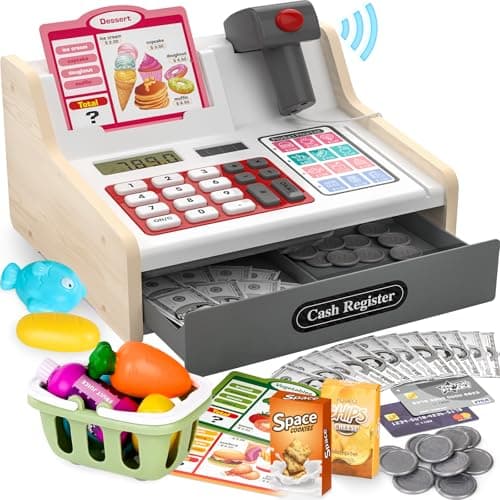 maysida Rechargeable Wooden Kids Cash Register with Scanner Pretend Play Cash Register Toy with Fake Money Food Credit Card Toddler Boys Girls Age 24 48