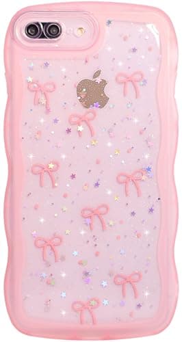 Qokey for iPhone 7 Plus & 8 Plus Case, Glitter Star & Curved Edge Handle Grip Design, Military-Grade Shockproof Clear TPU Cover, Sparkle Protection Scratch-Resistant, Holographic Pink Bow