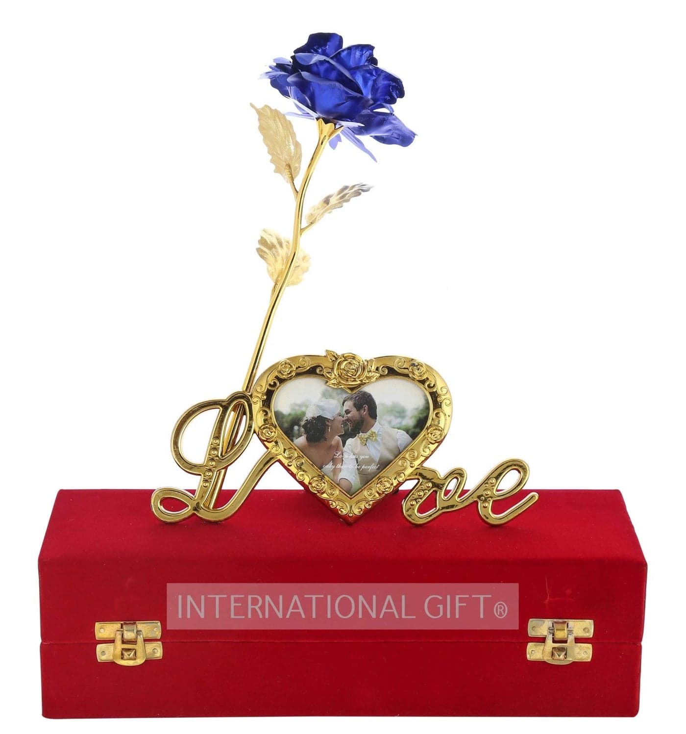 INTERNATIONAL GIFT® Blue Rose Flower with Heart Photo Frame Stand and Luxury Red Gift Box