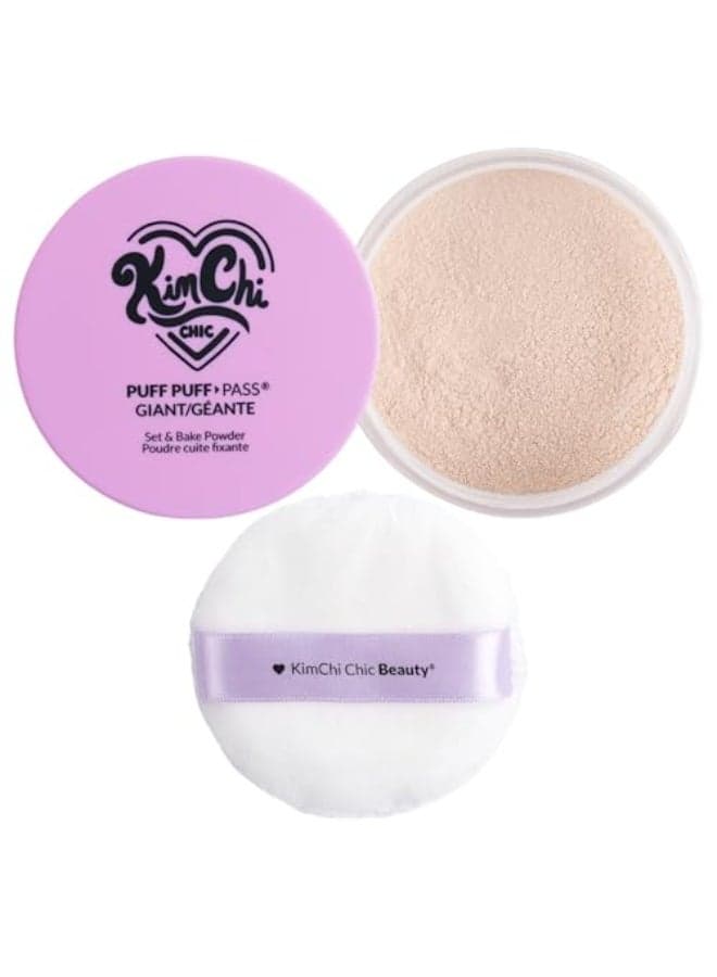 KimChiChic Beauty Giant Puff Puff Pass Set Bake Powder Loose Setting Powder with Rice Powder Vitamin E Finely Milled for All Day Wear Translucent 80g