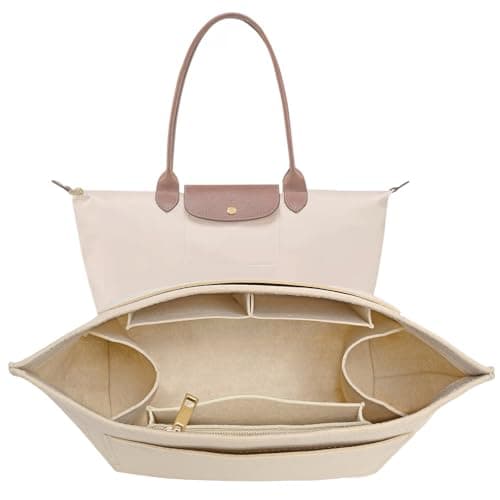 LOUKAYCCI Purse Organizer Insert for Longchamp Le Pliage L Handbag Insert Felt Long Champ Tote Bag Organizer Insert with Cup (Beige, Large)